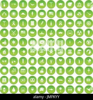 100 summer holidays icons set green Stock Vector