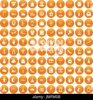 100 festive day icons set orange Stock Vector