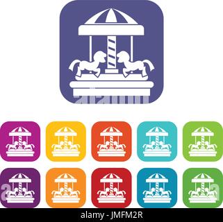 Carousel with horses icons set Stock Vector