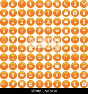 100 flowers icons set orange Stock Vector