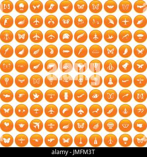 100 fly icons set orange Stock Vector