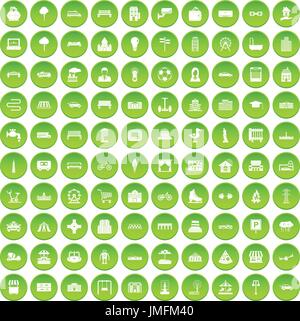 100 urban icons set green Stock Vector