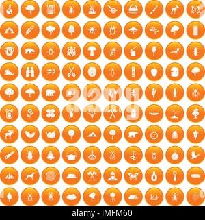 100 forest icons set orange Stock Vector