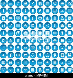 100 library icons set blue Stock Vector