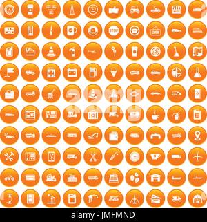 100 gas station icons set orange Stock Vector