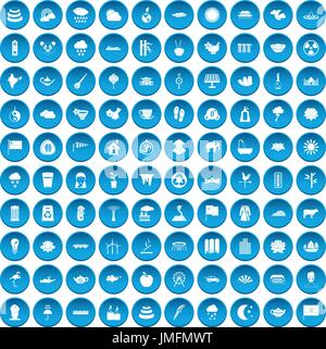 100 lotus icons set blue Stock Vector