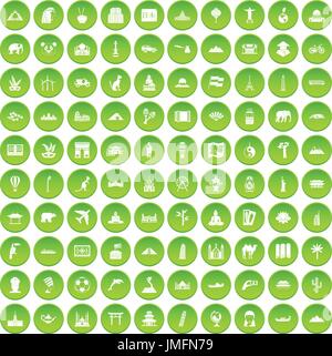 100 world tour icons set green Stock Vector
