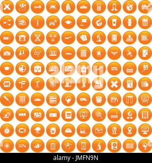 100 globe icons set orange Stock Vector
