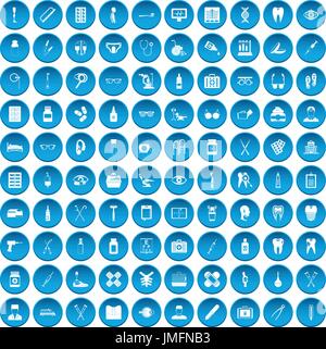 100 medical accessories icons set blue Stock Vector