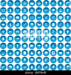100 microbiology icons set blue Stock Vector