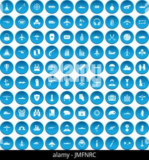 100 military resources icons set blue Stock Vector