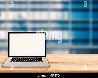 blank screen notebook on wooden table Stock Photo