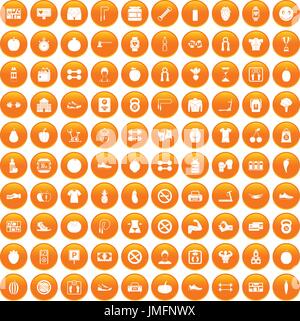 100 gym icons set orange Stock Vector