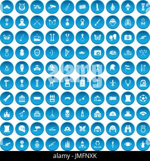 100 museum icons set blue Stock Vector