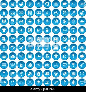 100 nursery icons set blue Stock Vector