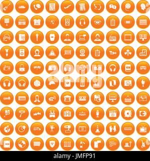 100 headphones icons set orange Stock Vector