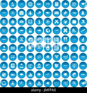 100 oceanologist icons set blue Stock Vector