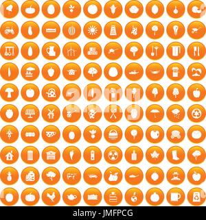 100 health food icons set orange Stock Vector