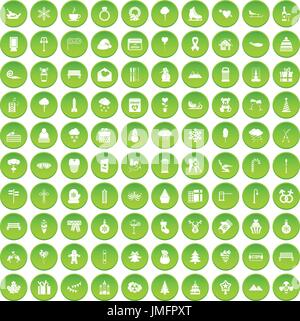 100 winter holidays icons set in green circle isolated on white vectr illustration Stock Vector