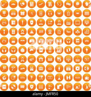 100 headphones icons set in orange circle isolated on white vector illustration Stock Vector