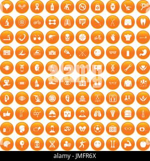 100 health icons set in orange circle isolated on white vector illustration Stock Vector