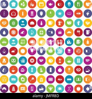 100 breakfast icons set in different colors circle isolated vector illustration Stock Vector