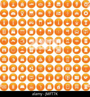 100 hotel icons set orange Stock Vector