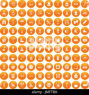 100 human health icons set orange Stock Vector