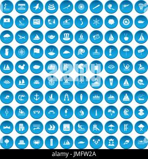 100 sailing vessel icons set blue Stock Vector
