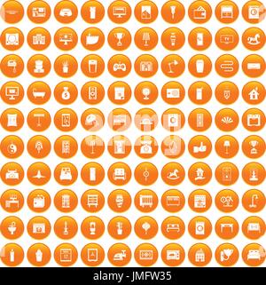 100 interior icons set orange Stock Vector