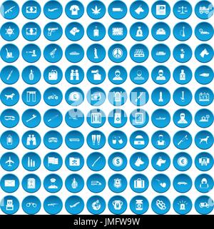 100 smuggling icons set blue Stock Vector
