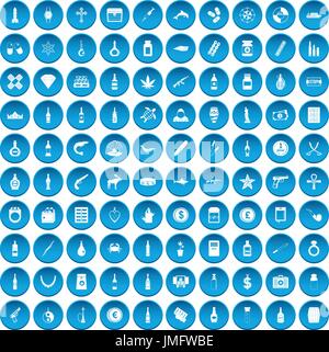 100 smuggling goods icons set blue Stock Vector