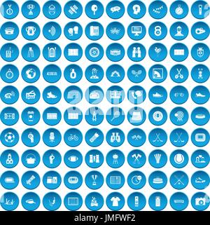 100 sport journalist icons set blue Stock Vector