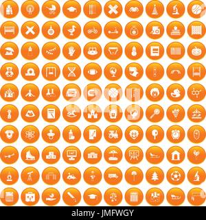100 kids icons set orange Stock Vector