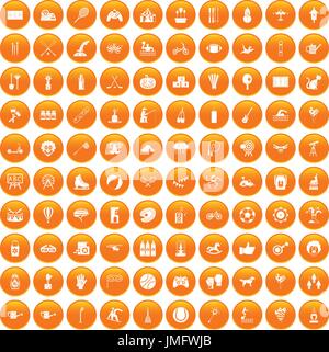 100 kids activity icons set orange Stock Vector
