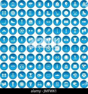 100 sport accessories icons set blue Stock Vector
