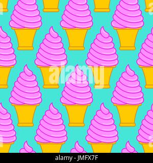 Strawberry ice cream cone pattern. Large sweet vanilla cone background Stock Vector