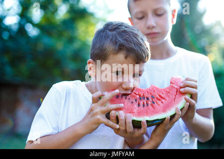 Little caucasian boys eating watermelon outdoor Stock Photo