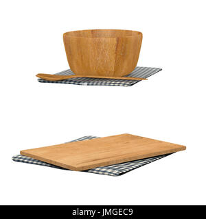 wooden bowl with spoon and chopping board isolated on white Stock Photo