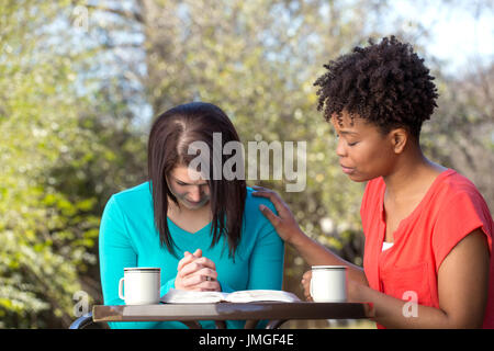 Friends reading, praying and learning together. Stock Photo
