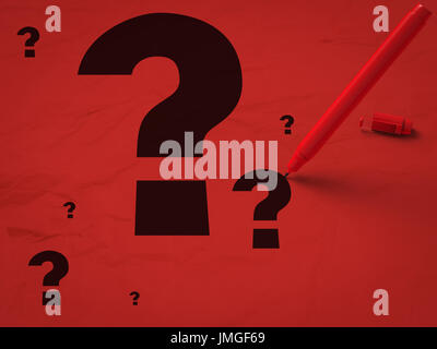 question marks and red pen on red background Stock Photo