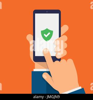 Green Shield on smartphone screen. Hand holds the smartphone and finger touches screen. Modern Flat design illustration. Stock Vector