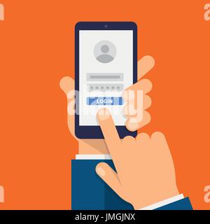 Log in page on smartphone screen. Hand holds the smartphone and finger touches screen. Modern Flat design illustration. Stock Vector