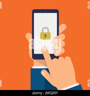 Lock on smartphone screen. Hand holds the smartphone and finger touches screen. Modern Flat design illustration. Stock Vector
