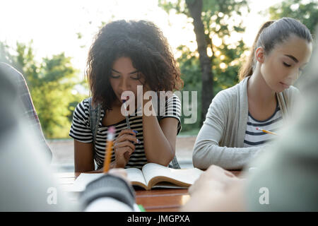Multiethnic group of serious young people friends sitting and studying outdoors. Looking aside. Stock Photo