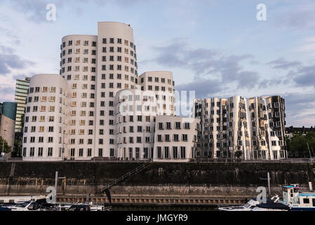 Neuer Zollhof buildings in Media Harbor. The building complex was designed by American architect Frank Gehry in Dusseldorf, Germany Stock Photo