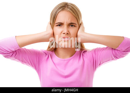 Emotions, expressions, people  concept. Young girl holding to her head on white background Stock Photo