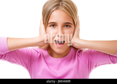 Emotions,expressions,people concept.Young girl holding to her head and screaming on white background  Stock Photo