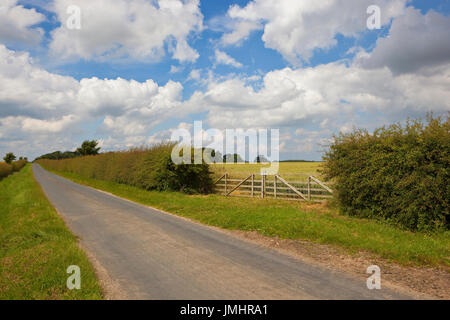 a small country road with a hawthorn hedgerow and wooden farm gate enclosing a wheat field under a blue summer sky in the yorkshire wolds Stock Photo