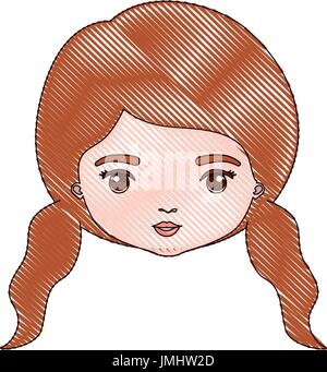 color crayon silhouette caricature closeup front view face woman with double pigtails hairstyle Stock Vector